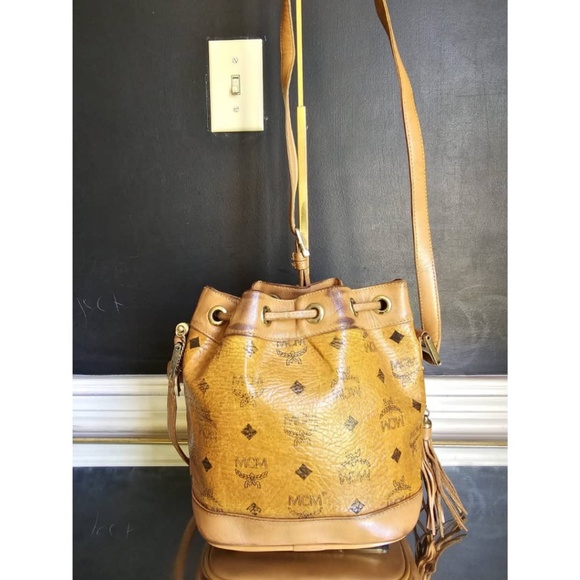 Authentic MCM Brown Visetos Leather Drawstring Bucket Bag - Picture 3 of 12